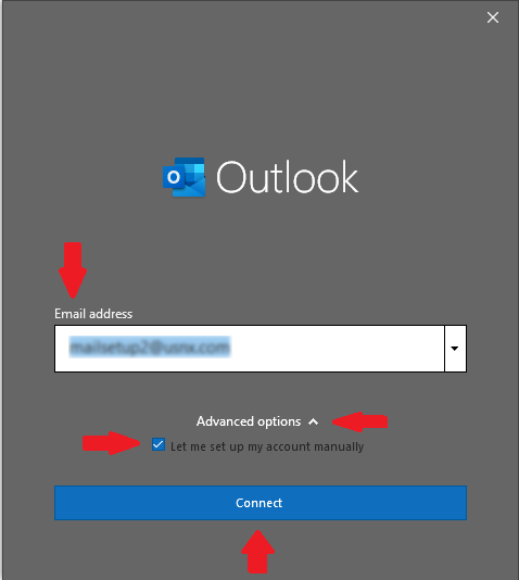 Enter the email address in the “Email address” field, expand “Advanced options”, check the “Let me set up my account manually” box, and click “Connect”.