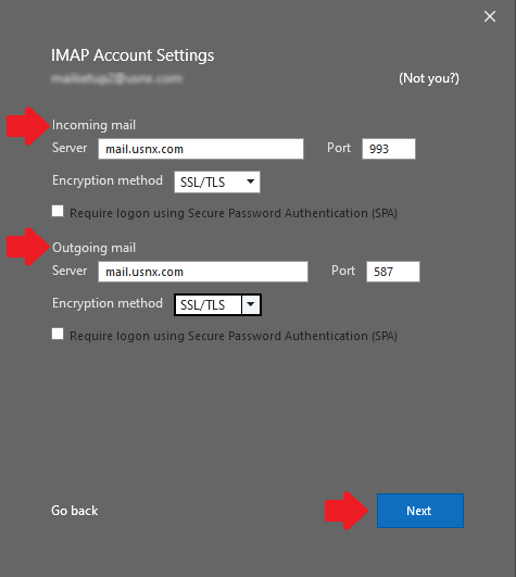 Fill in the “IMAP Account Settings” form with the information from the screenshot and click “Next”.