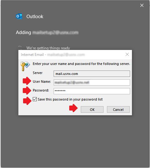 If you are not presented with a password prompt, proceed to step 8. If a password prompt does appear, please re-enter the username and password, check the “Save this password in your password list” box, and click “OK”. Please note that, generally, the username is the same as the email address, but if we provided a specific value for the username when we created your email account that is different from the email address, then please be sure you are entering that username.