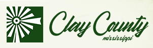 Logo of Clay County, Mississippi with green text next to a green windmill