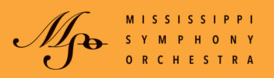 Mississippi Symphony Orchestra logo in script font with yellow-orange background